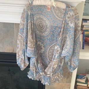 Candie’s Bohemian Paisley Print Blouse with Ruffled Hem